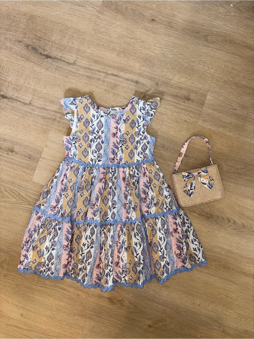 Girls Floral Tiered Sundress with Matching Straw Purse - Blue, Pink, Yellow